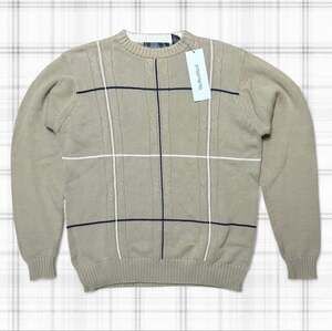 Vintage Oscar de la Renta Tan Windowpane Cable Knit Crewneck Sweater